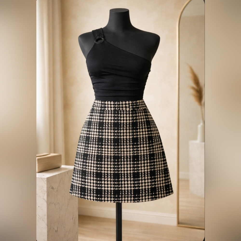 Vintage High Waisted Houndstooth   mini skirt In Black and Cream